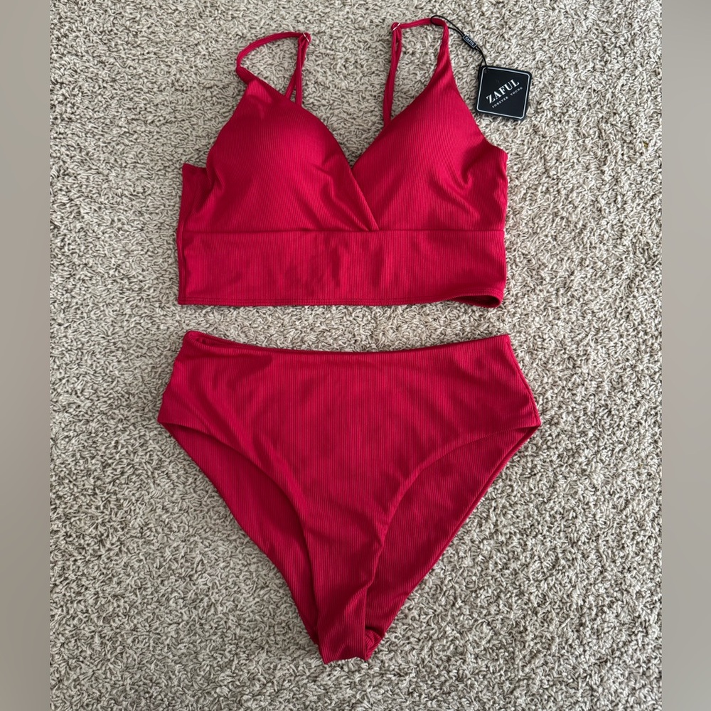 NWT Zaful Red Ribbed Bikini Set L High Waisted Tankini Swimsuit Retro Adjustable